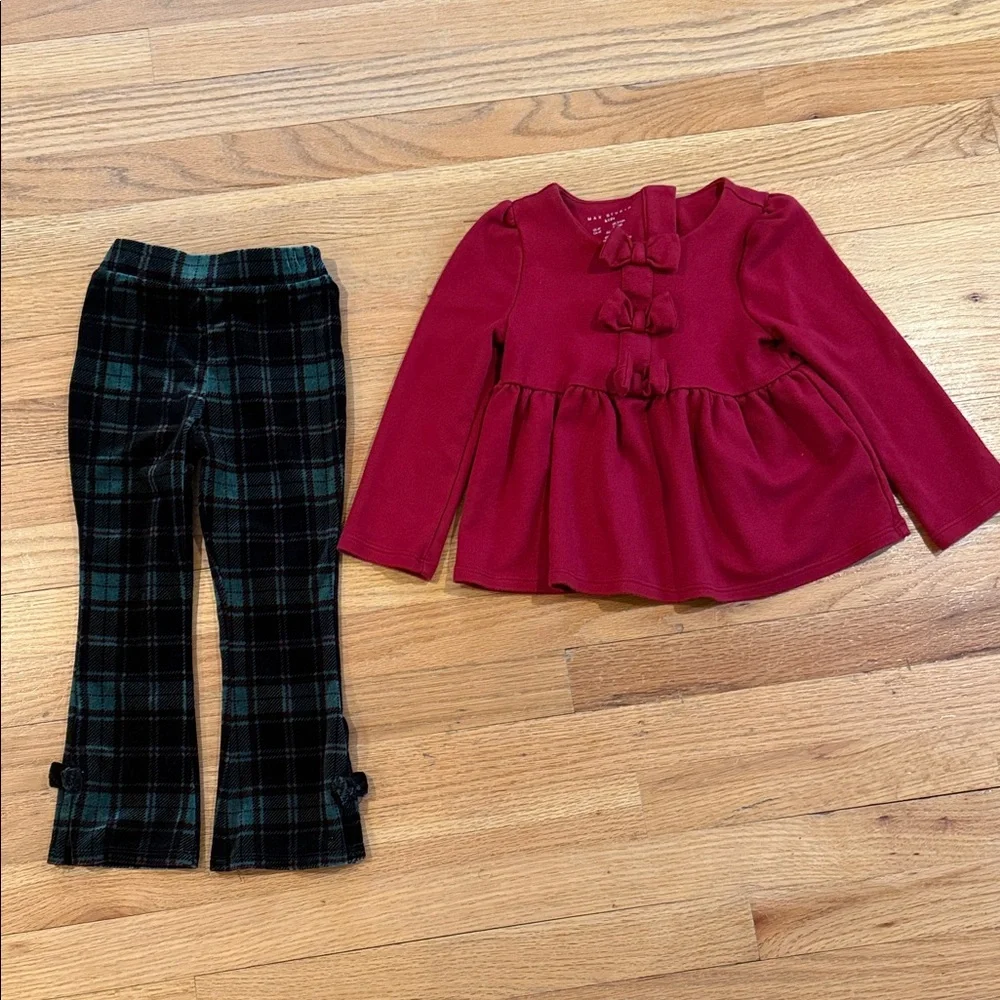 MAX STUDIO Kids Red Peplum Top with Front Knot and plaid velour pants 3-4 years